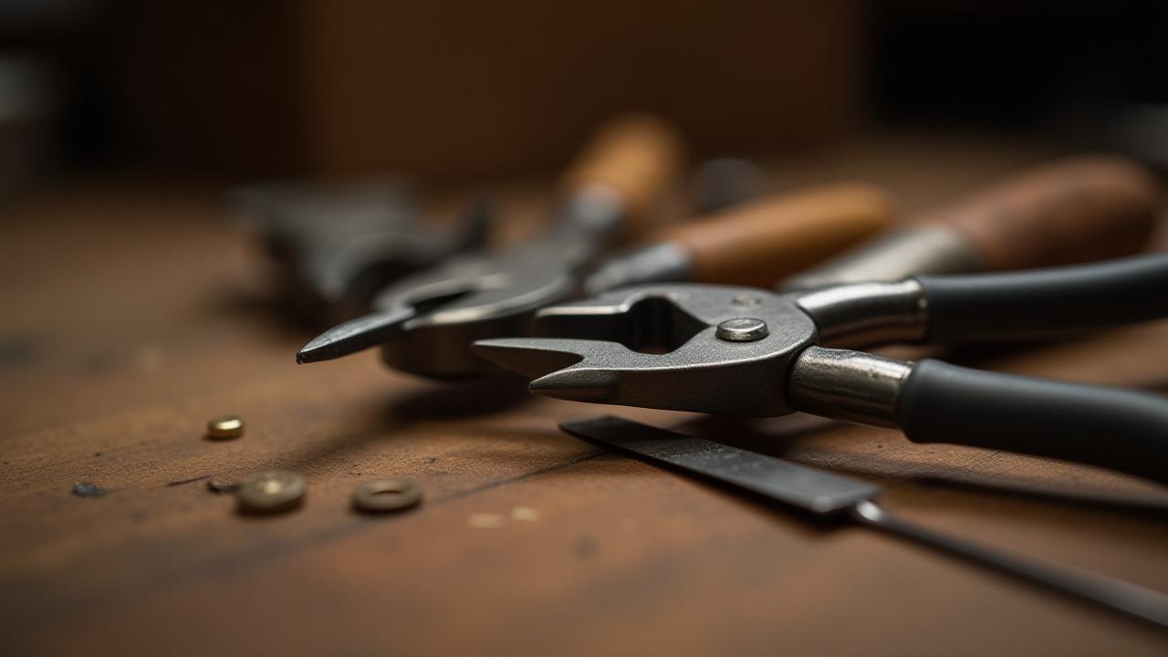 Close-up of a jeweler's pliers and other small tools on a worn wooden workbench, indicating precision work.