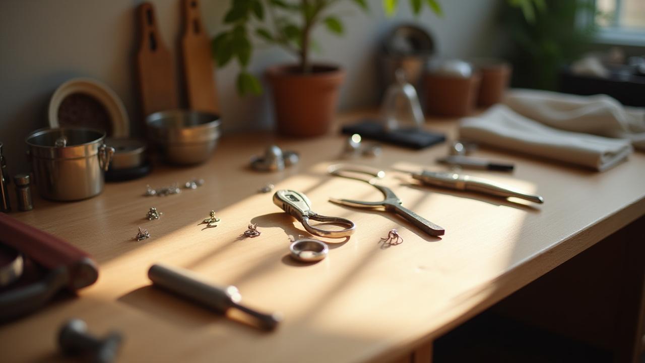 Clean and organized silversmith workbench with various tools and materials in natural light.