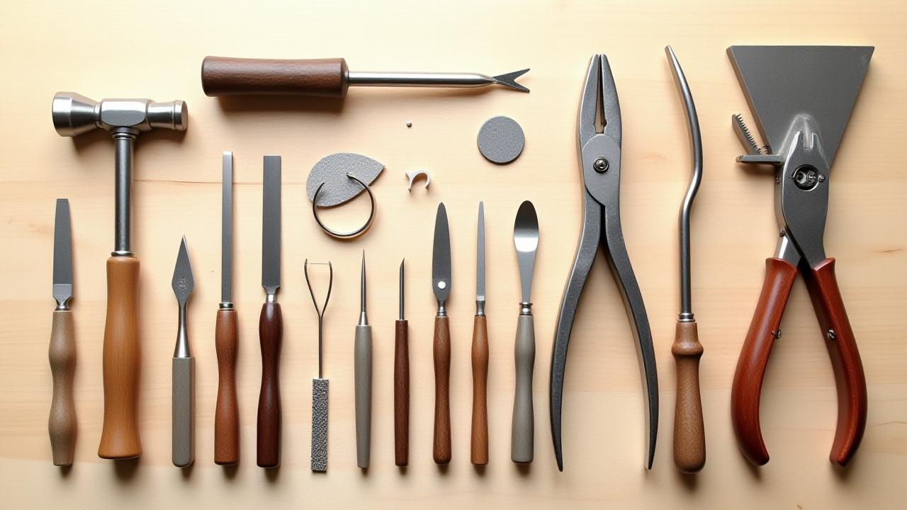 Flat lay of various silversmithing tools including hammers, files, pliers, and a jeweler's saw on a natural wooden workbench