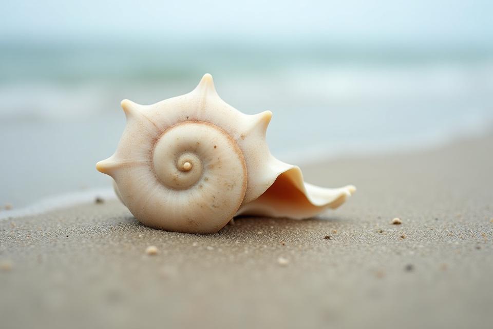 Close-up of a weathered seashell on damp sand, showcasing its unique spirals and textures