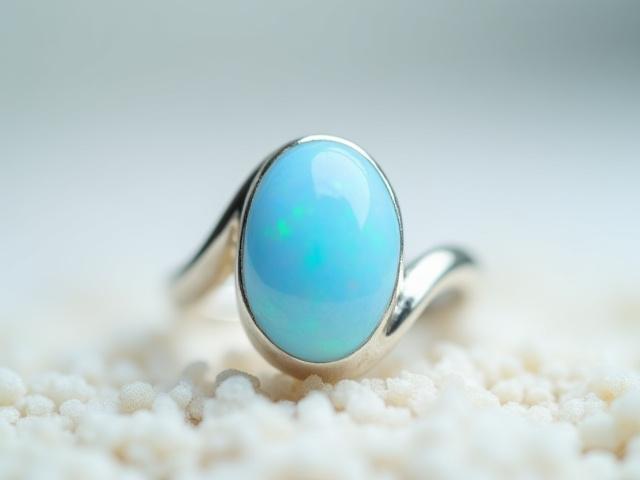 Sterling silver ring featuring a smooth, light blue Peruvian opal gemstone in an organic setting