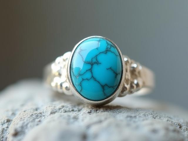 Sterling silver ring featuring a natural turquoise stone, set in an organic mountain-inspired design