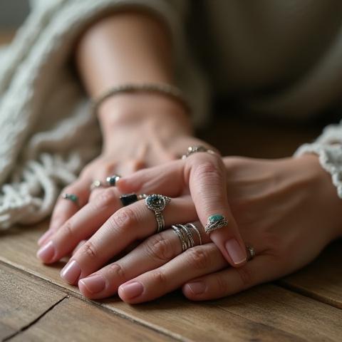 Customer's hand adorned with several Constance M Weeks bohemian rings on a rustic table
