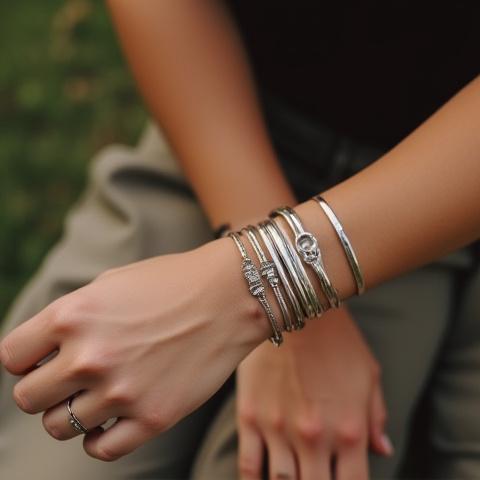 Close-up of a Constance M Weeks bohemian bracelet worn by a customer against a soft, natural background