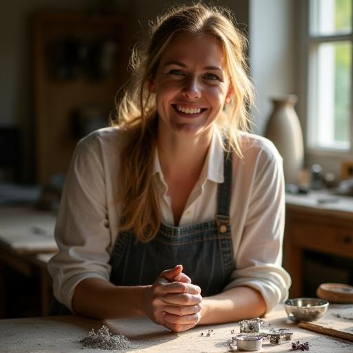 Authentic portrait of Constance M. Weeks, the artisanal silversmith, smiling warmly in her sunlit studio, surrounded by tools and natural materials.