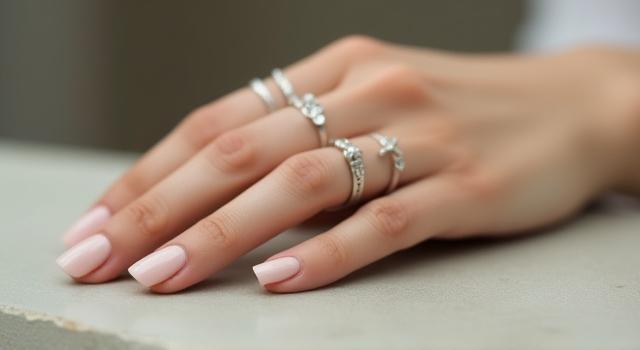 Stacked minimalist silver rings on a models hand, with soft, elegant lighting and a natural background.
